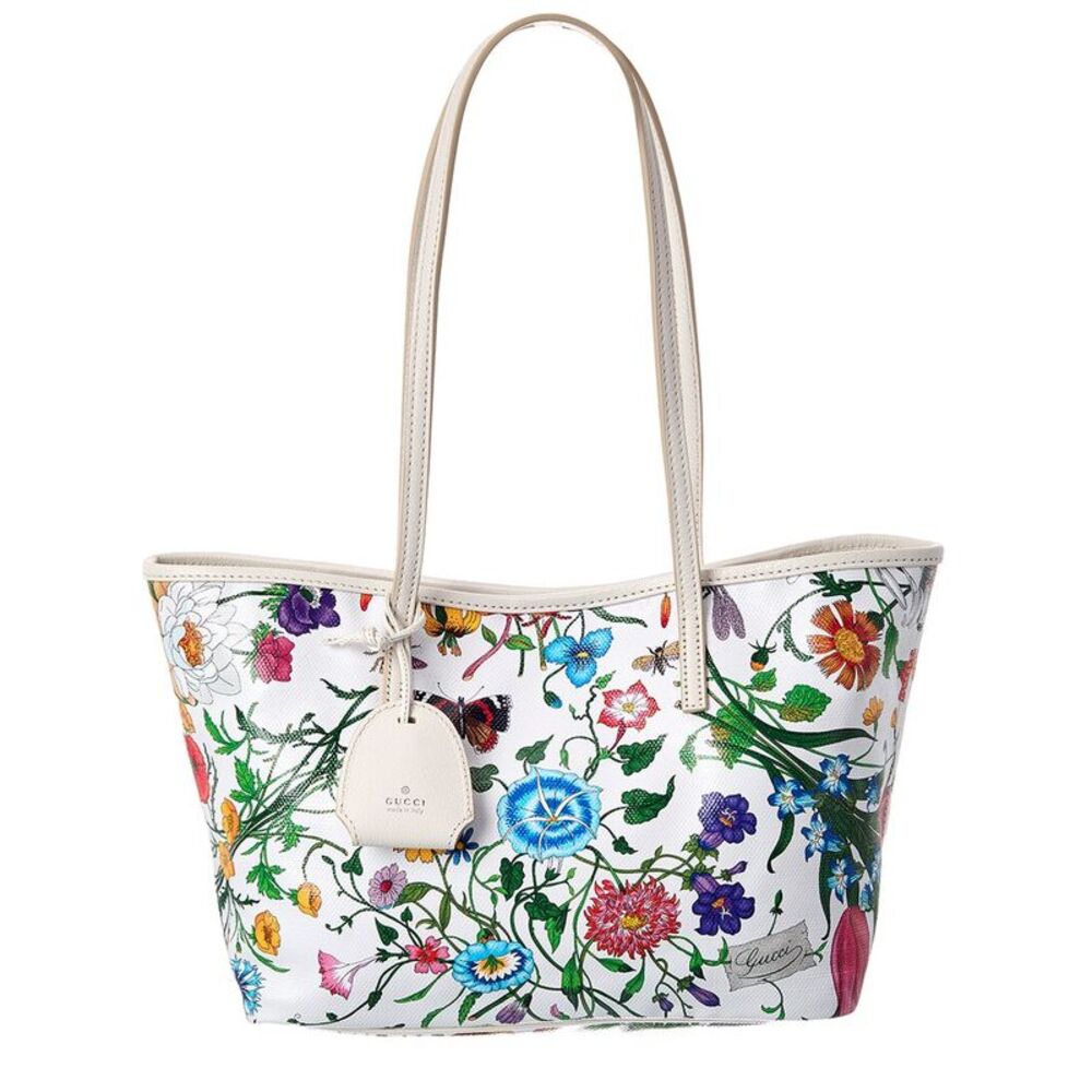 Gucci Tribeca Small Flora Canvas & Leather Tote, White